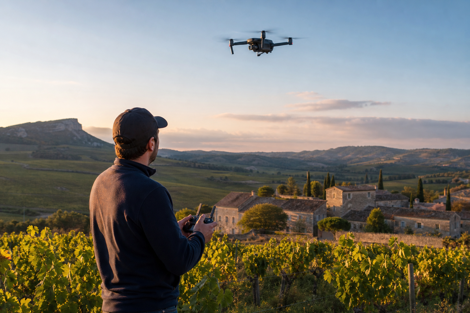 Pilote de drone capturant des images aériennes en extérieur