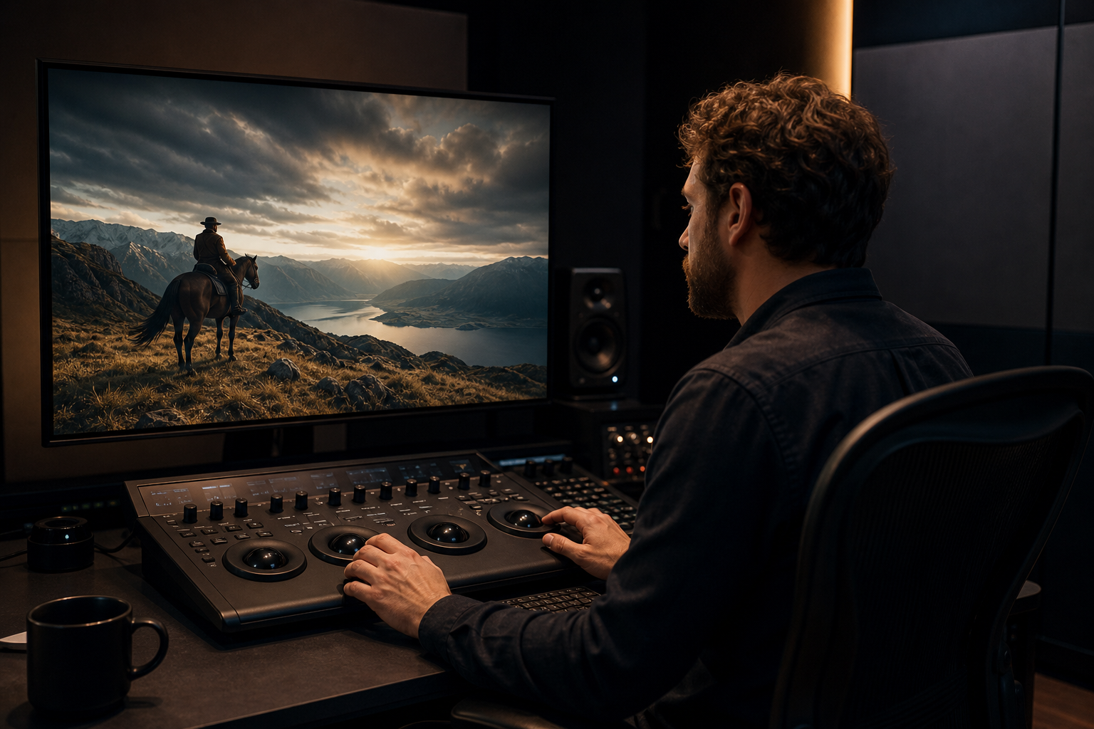 Coloriste en train d'étalonner un plan cinéma sur un moniteur de référence