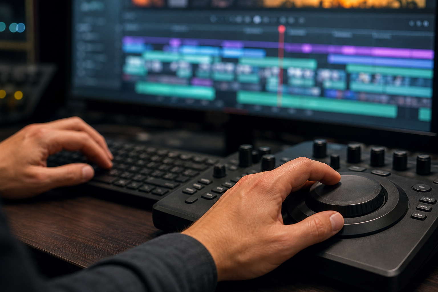 Monteur vidéo sur clavier et molette de contrôle devant une timeline de montage
