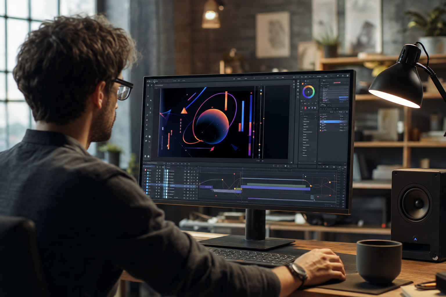 Graphiste animant des titrages en motion design sur un écran d'ordinateur